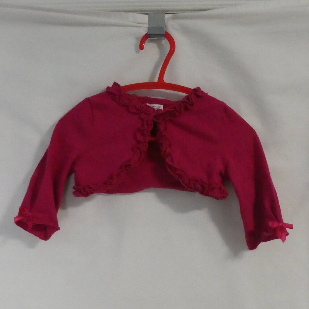 Pink Cropped Single Button-Up Front Cardigan With Ruffle Trim and Bow Detail